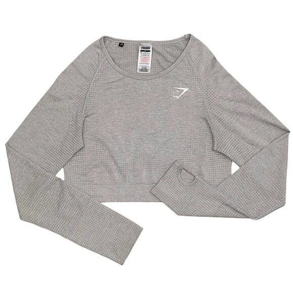 Gymshark Vital Seamless Crop Top workout Long Sleeve Light Grey Athletic Top XL - Picture 1 of 12